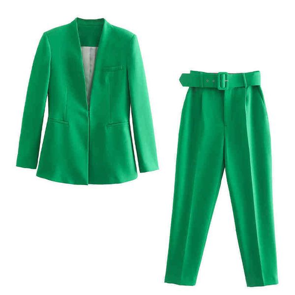 

suit women 2022 spring autumn new suits green solid color lined belted down lap, White;black