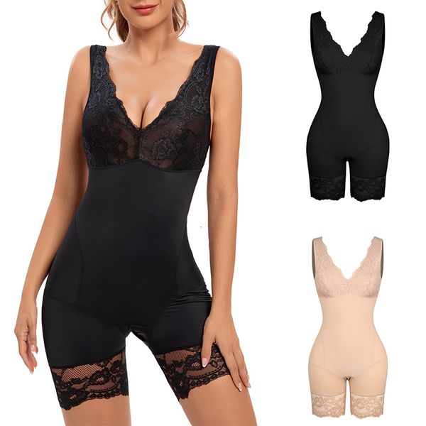 

leg shaper women full body shapewear v neck bodysuit slimming belly lace patchwork underwear waist trainer modeling strap corset 221129