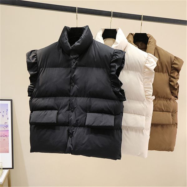 

womens down parkas fashion autumn stand collar elegant coats warm outerwear casual ruffles sleeveless winter women vests jackets 221129, Black