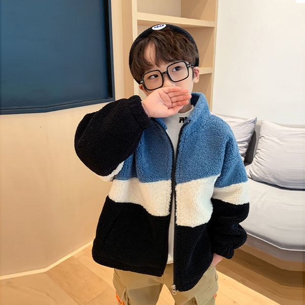 

down coat children's lamb wool coat boys and girls baby polar fleece plus velvet thick winter clothes furry sweater cottonpadded coat 2, Blue;gray