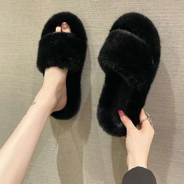 

slippers hair women's autumn and winter flat bottom fashion trawler red lazy comfortable home cotton 221128, Black