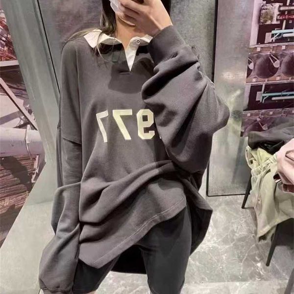 

hoodies hweatshirts essentials flocking 1977 alphabet fashion brand american polo lapel long sleeve sweater for men and women, Black