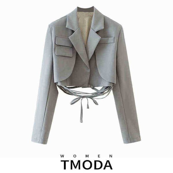 

suit tmoda1952 2022 women grey double layer bandage slim blazer long sleeves po, White;black
