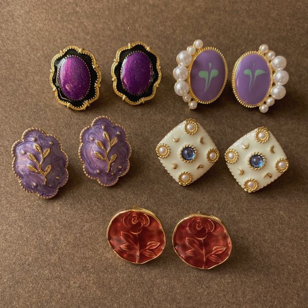 

retro enamel purple studs earrings for women accessories fashion metal eardrop 925 silver needle colorful earrings, Golden;silver