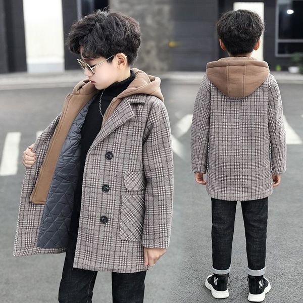 

coat 618y kids wool coats winter boys blends jackets hooded long plaid double breasted zipper children outerwear clothes h158 221129, Blue;gray
