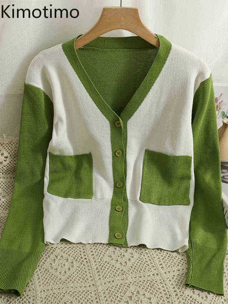 

women's sweaters kimotimo contrast stitching knitted vest women 2022 new pockets single breasted sweater korean chic long sleeves slim, White;black