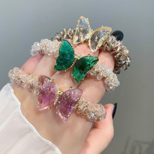 

women crystal butterfly hair ties elastic hairband girls simple scrunchies headdress woman hair accessories headwear ornament, Slivery;white