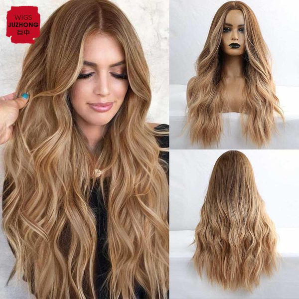 

headwear hair accessories long middle parting hair wigs for women ombre color brown to light brown synthetic curly hair wig