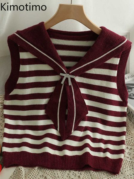 

women's sweaters kimotimo bow striped knitted vest women 2022 autumn new sleeveless turn down collar sweater korean chic slim outfit sw, White;black