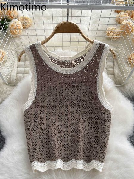 

women's sweaters kimotimo chic hollow sleeveless knit vest summer contrast color outer wear pullover korean y2k design overlap short sw, White;black
