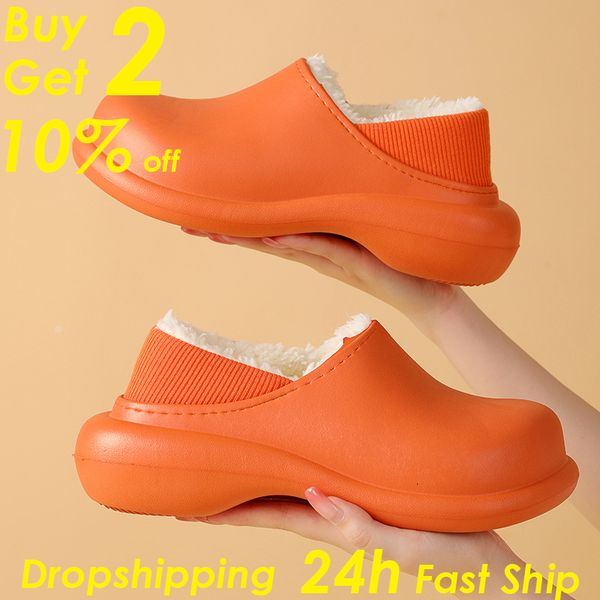 

slippers women winter keep warm slippers waterproof designer leather slides solid footwear household female sandals outdoor flat woman 22112, Black