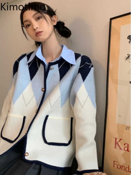 

women's sweaters kimotimo hit color argyle sweater jacket women autumn lazy long sleeve loose vests american retro double pockets knitt, White;black