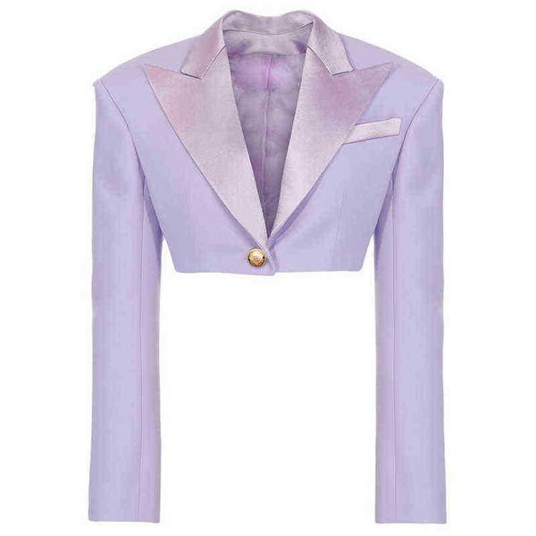 

new lavender violet short blazer women autumn one button satin collar long sleeve short suit women blazers jackets j220813, White;black