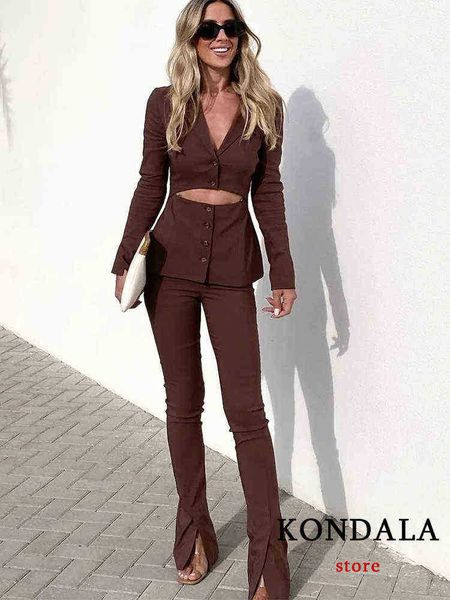 

kondala vintage solid brown slim blazedr women v neck hollow out long blazer women fashion 2022 elegant mujer outwears j220813, White;black