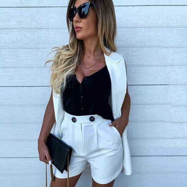 

women twopiece suit sleeveless plaid up elastic waist blazer shorts sets elegant office ladies suits women workwear d30 j220813, White;black