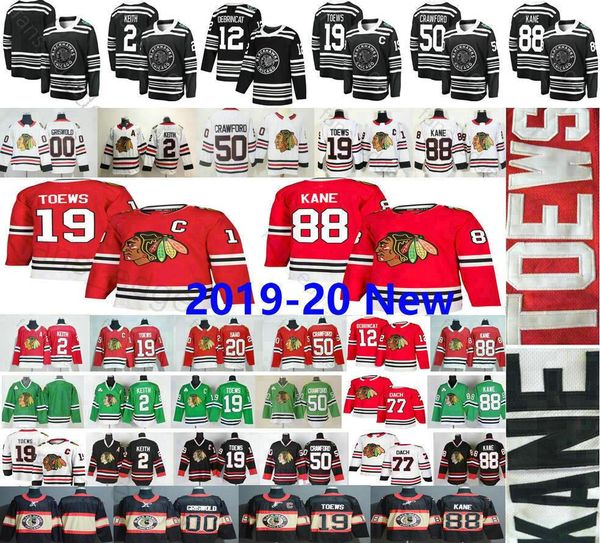 

chicago blackhawks 19 jonathan toews 88 patrick kane 12 alex debrincat 00 clark griswold keith 50 crawford 77 kirby dach ice hockey jerseys, Black;red