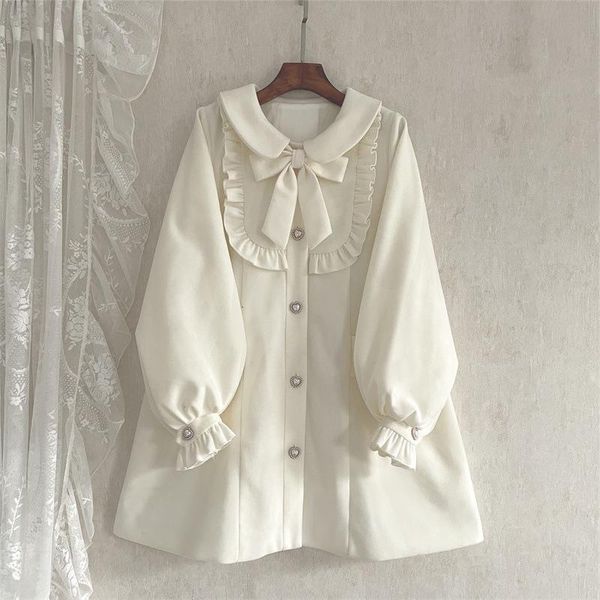 

women's wool blends single-breasted puff sleeve sweet elegant woolen coat women jacket bowknot lolita doll collar outerwear korean fash, Black