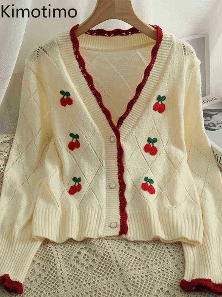 

women's sweaters kimotimo women cherry embroidery knitted vest 2022 autumn argyle wave edge neck sweater korean in sweet long sleeve ve, White;black