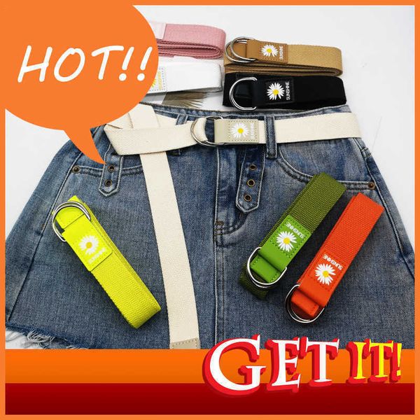 

fashion design belt adequate small daisy woven canvas double ring d-shaped metal button multi-color printing, Black;brown