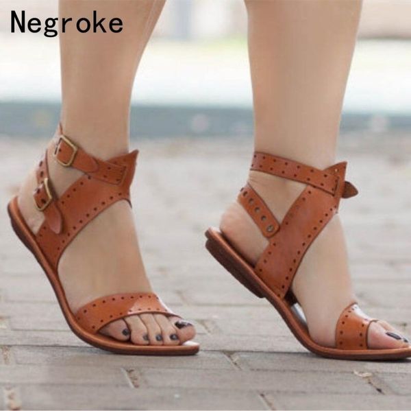 

women sandals flat gladiator leather sandals summer shoes woman rome style double buckle casual beach sandles plus size 43 y2004052928438, Black