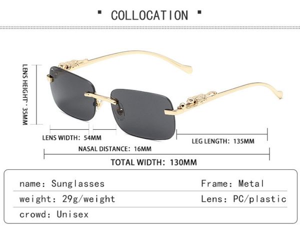 

cheetah decorative rimless square sport sunglass retro leopard head metal cross-border wholesale for men woman eyewear designer sunglasses w, Black