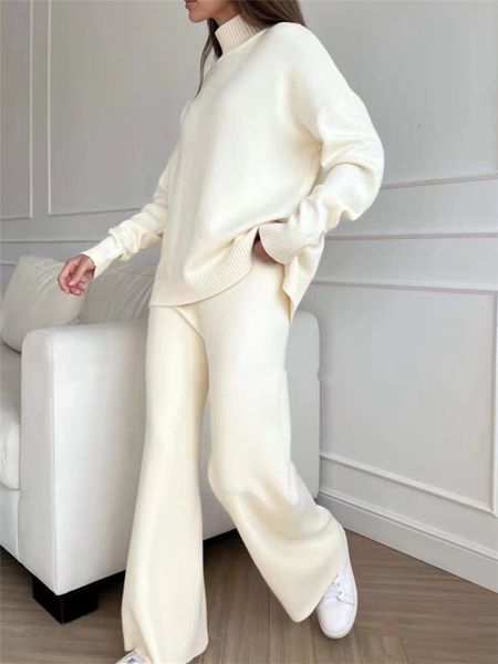 

women's two piece pants autumn winter 2 pieces white women sets knitted tracksuit turtleneck sweater and straight jogging pants suits l