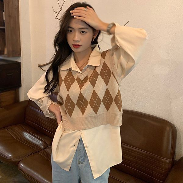 

women's vests autumn sweater for women v neck loose fit pullovers knitted preppy style sleeveless knitwear 221129, Black;white