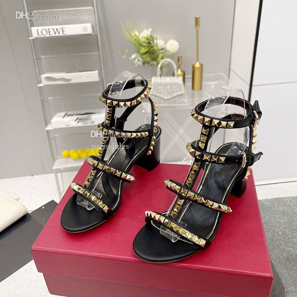 

designer v slide sandals fashion rivet ankle strap heel slides woman high heels shoes luxury leather dfhbnvb, Black