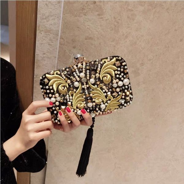 

evening bags vintage fine european american embroidery pearl women's handbags fashion black tassel clutches wedding party bag clutuch 2