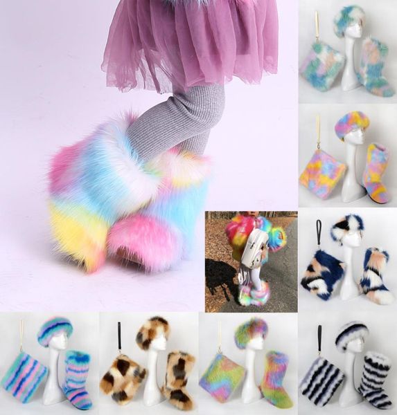 

kid child boy girl faux fox fur snow boot bag set 3 pieces headband with fur lined lining winter furry fluffy outdoor mid boot cal4104426, Black