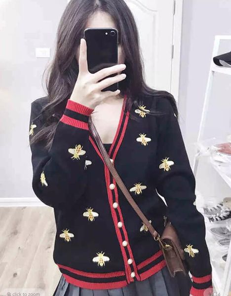 

superior quality fashion designer sweaters bee embroidery cardigan long sleeve single breasted contrast color button, White;black