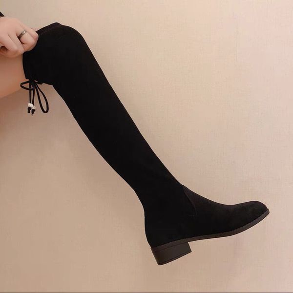 

knee length boots women's new spring shoes flat soled plush boots high boot, Black