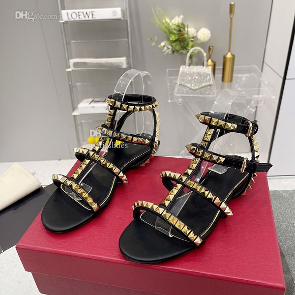 

designer v slide sandals fashion rivet ankle strap heel slides woman high heels shoes luxury leather hfhd, Black