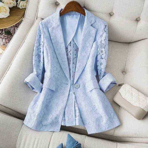 

v neck blue women blazer 2022 new elegant lace hollow out thin summer blazers lady office suit jackets jacket slim j220813, White;black