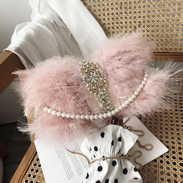 

evening bags luxury pearls diamonds decor women feather real fur pink white korean handbags ladies dinner party shoulder 221128