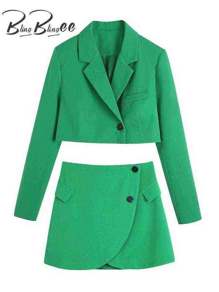 

blingblingee summer 2022 women oil style mini skirt 2piece set hit thin single button wrist sleeve green blazer suits crop j220813, White;black
