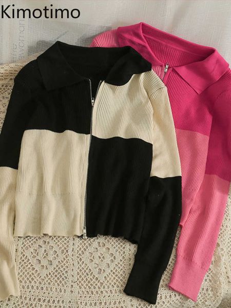 

women's sweaters kimotimo women contrast color stitching zipper knit cardigan 2022 new lapel long sleeve slim korean chic fashion swea, White;black