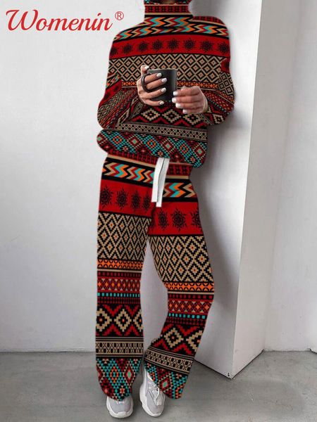 

women's two piece pants print turtleneck trousers women's suits ladies knitting long sleeve pullovers pants set autumn winter thi, White