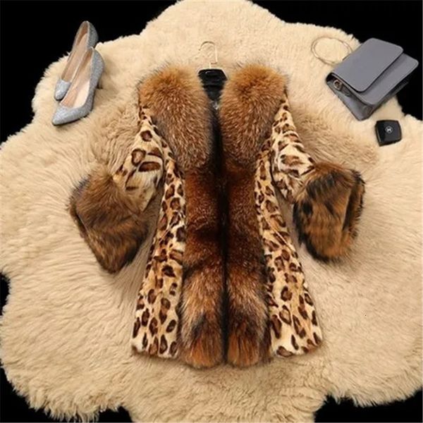 

women s fur faux autumn winter jacket imitation coat fashion leopard print raccoon collar overcoat 3xl 221128, Black