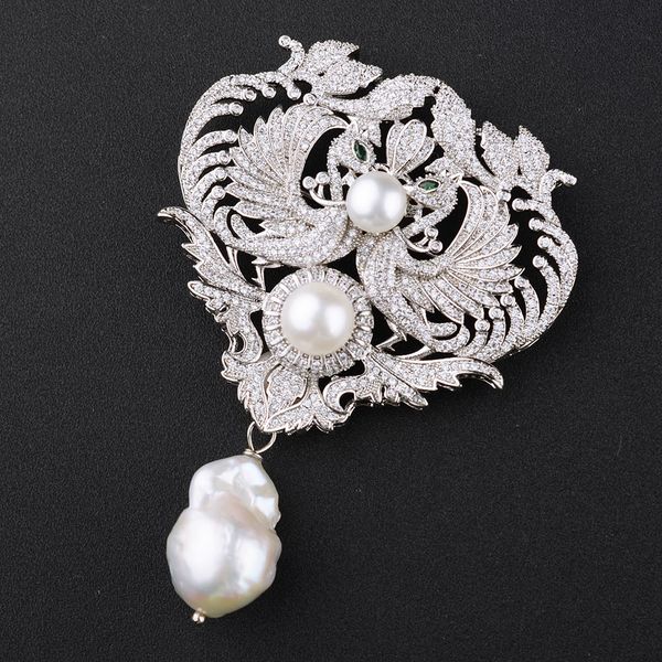 

pins brooches silver color cz micro pave double phoenix charm white keshi pearl brooch 221128, Gray