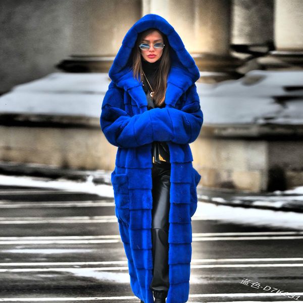 

women's fur faux casual coat hoodies ry thick warm long rabbit jacket slim winter casaco feminino 5xl 221129, Black