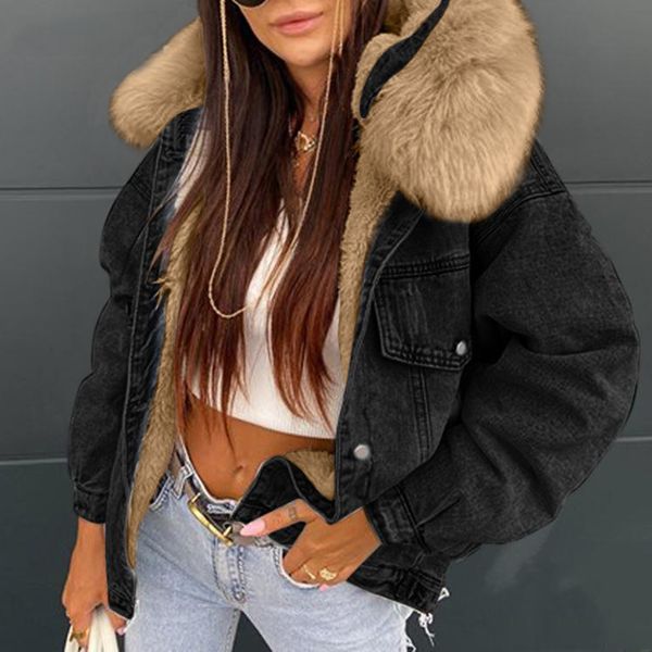 

wo winter women faux fur coat long sleeve thicken hood plush warm denim large size jacket ripped button outwear 221129, Black;brown
