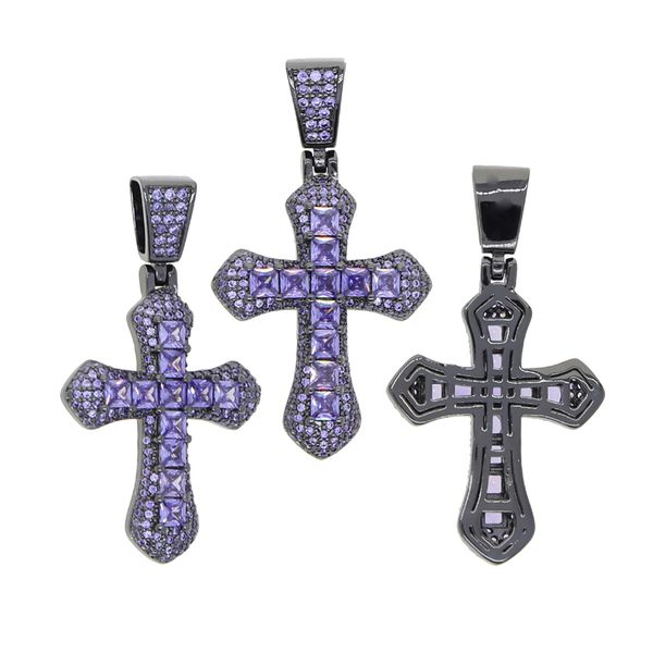 

hip hop cross pendant necklace paved purple cz stone plated black gold with rope chain for women men lady girl boy punk styles neckalces jew, Silver
