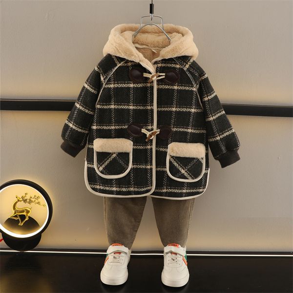 

coat winter girls boy casual hooded plaid jacket with buttons baby kids children thick warm fleece long coat outerwear winter clothes 221129, Blue;gray