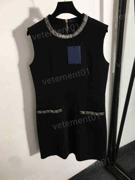 

designer women dresses vintage beading versatile round neck sleeveless tank black dress luxury summer party dress 0912, Black;gray