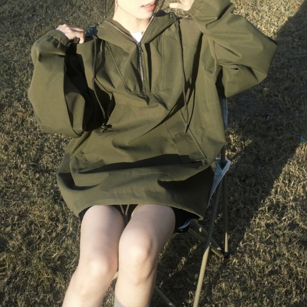 

22fw new tooling half zipper hooded men's jackets japanese trend wind coats autumn winter classic windbreaker casual fashion high stree, Black;brown