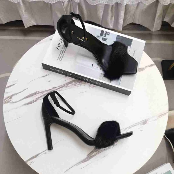

fashion yslity 2022 designer women's sole heel sandals leather pointed toe high heel dress shoes mid heel shoes yyu, Black