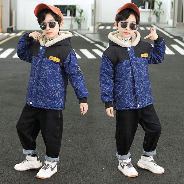 

down coat fashion medlength patchwork parka for boys winter thick warm hooded children's clothes for teens letter print coat 414 yrs 22, Blue;gray