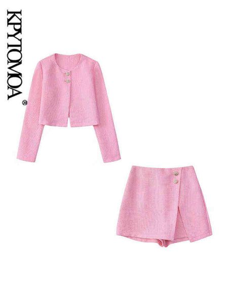 

suit kpytomoa women fashion front buttons tweed open jacket vintage high waist, White;black