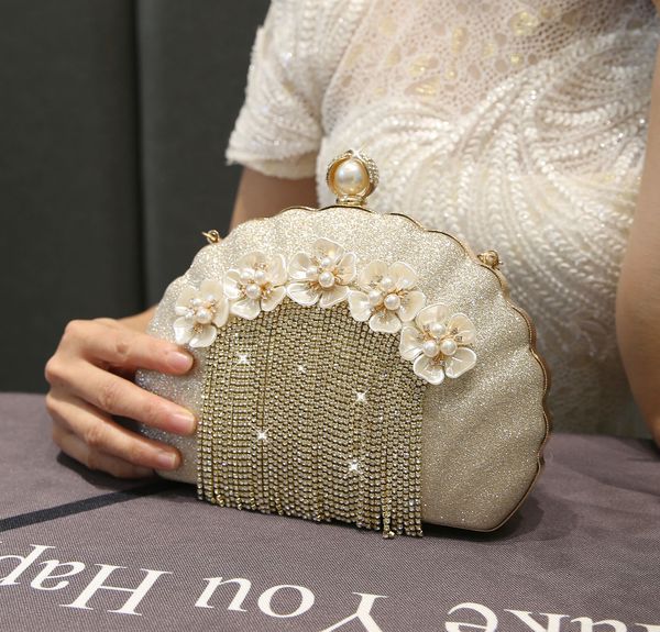 

evening bags seashell clutches women s tassel pearl flower purses handbag metal chain shoulder female party clutch 221128